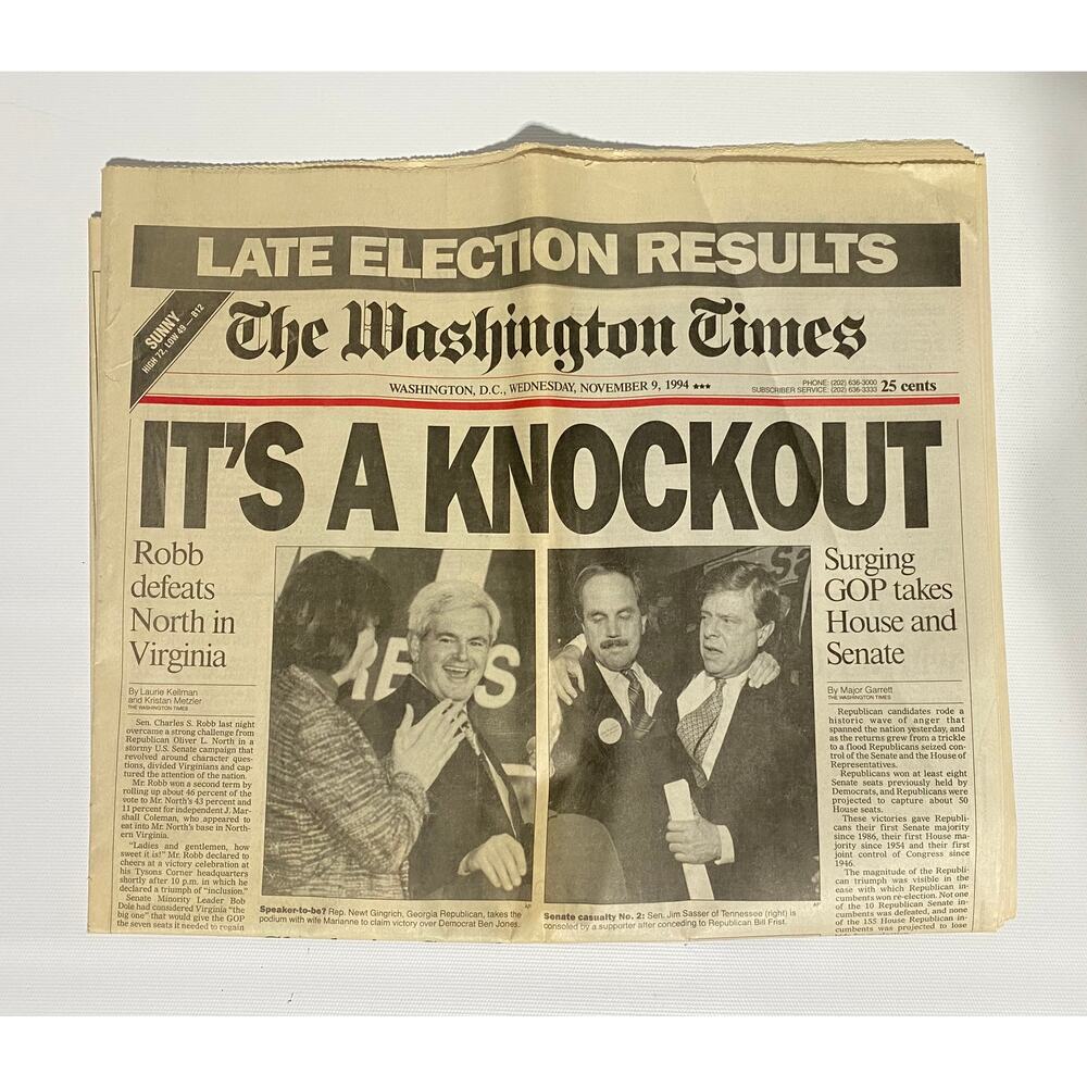 Washington Times Newspaper November 9 1994 Election Results Are a Knockout